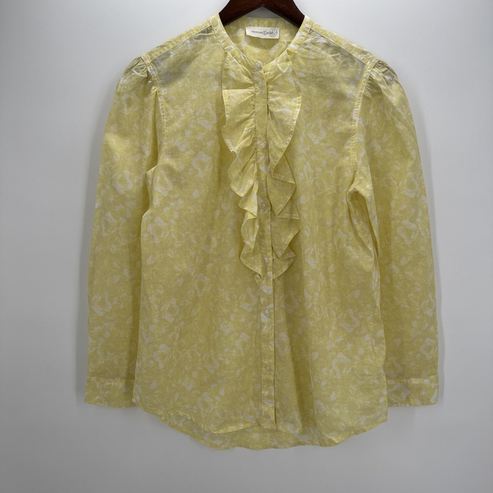 Treasure & Bond Yellow Cotton Smocked Ruffle Blouse Short Sleeve Crew Neck XL